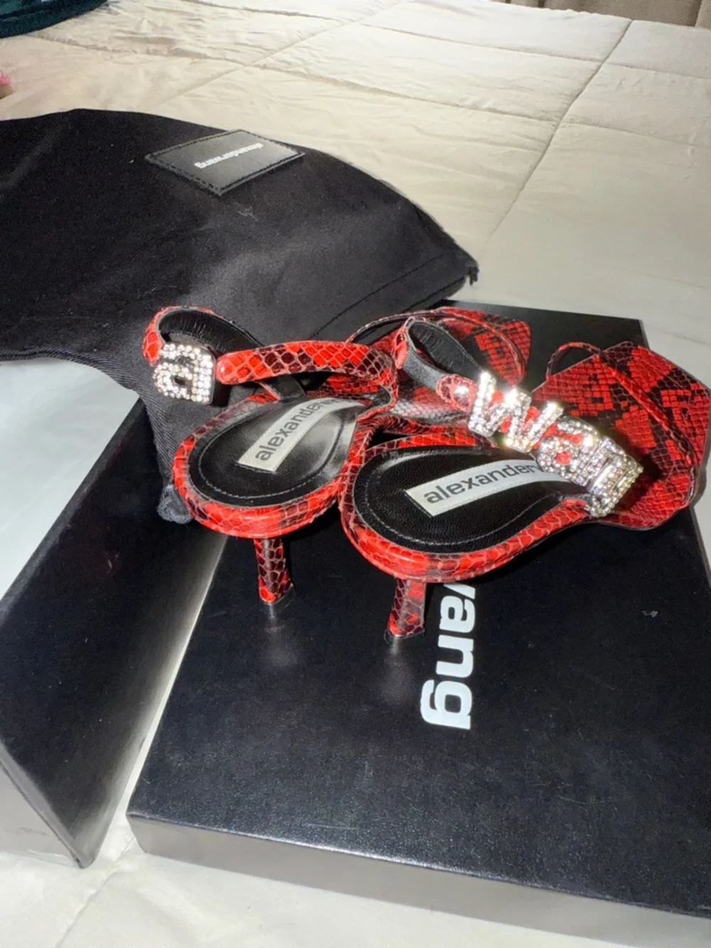 Alexander Wang Red Snakeskin Crystal-Embellished Slingback Heels - Picture 2 of 4